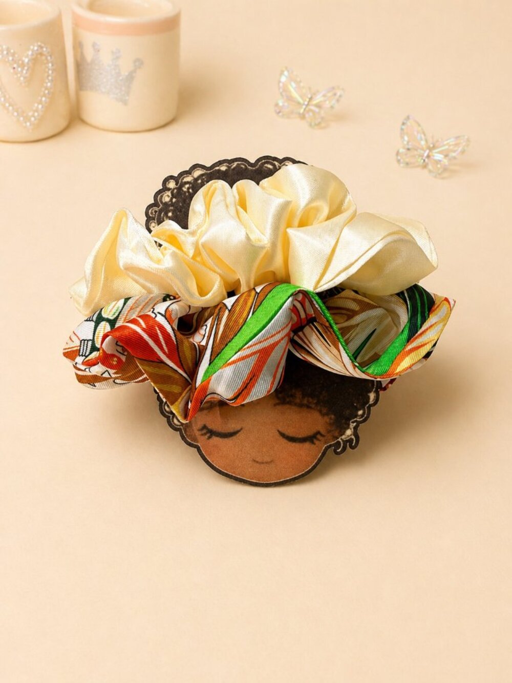 Handmade Satin Scrunchies – Solid Champagne + Colorful Print Set